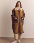 Patch quilted wool blend detachable fur collar coat