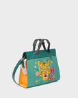 Vali Crossbody Small Deep Sea Green Leather Bag - Tiger and Flowers Embroidery