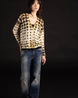 Dotted V-Neck Cardigan - Mustard Multi