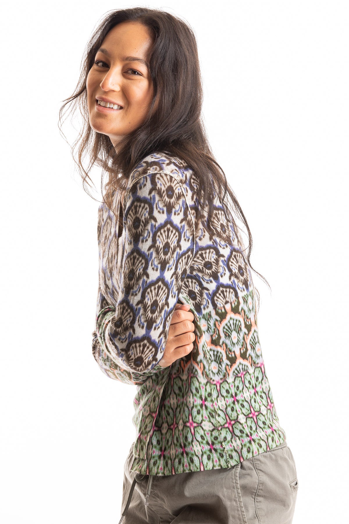 S447P Tile Print Cardigan - Denim/Military