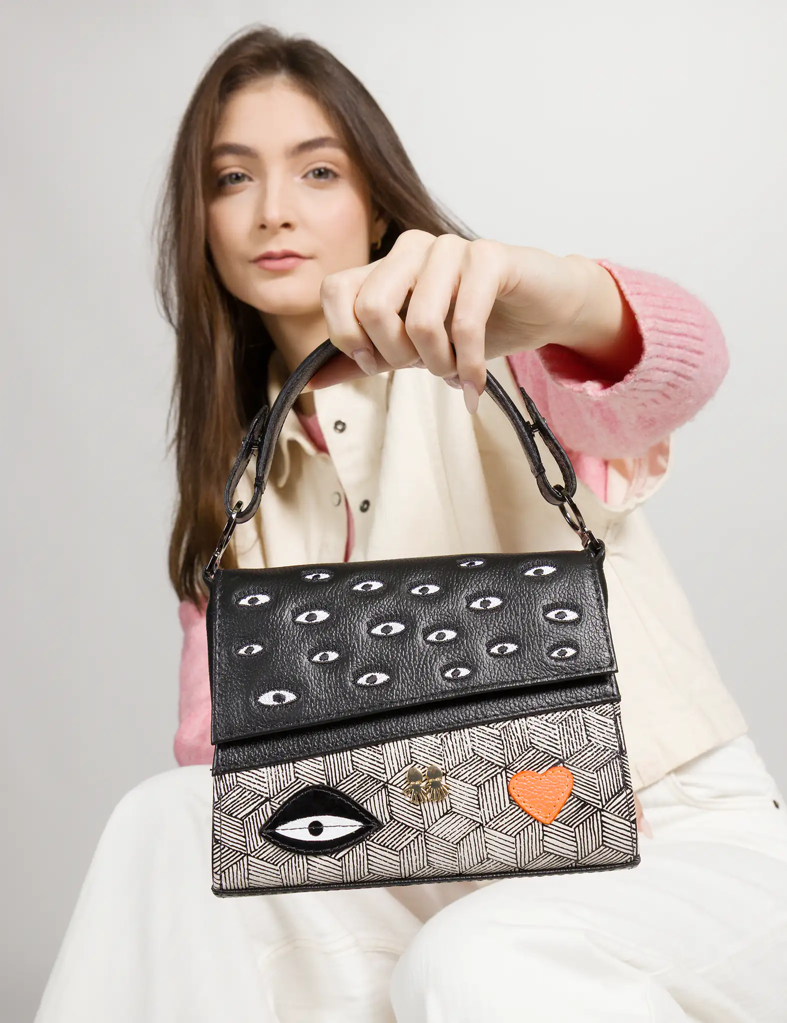 Anastasio Micro Crossbody Handbag Black Leather - All Over Eyes Design