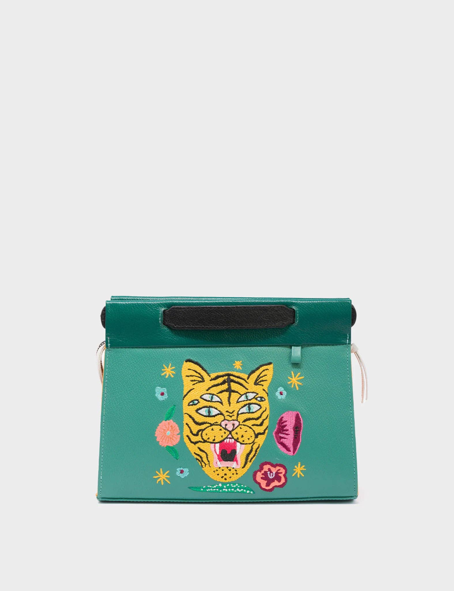 Vali Crossbody Small Deep Sea Green Leather Bag - Tiger and Flowers Embroidery