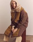 Patch quilted wool blend detachable fur collar coat