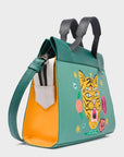Vali Crossbody Small Deep Sea Green Leather Bag - Tiger and Flowers Embroidery