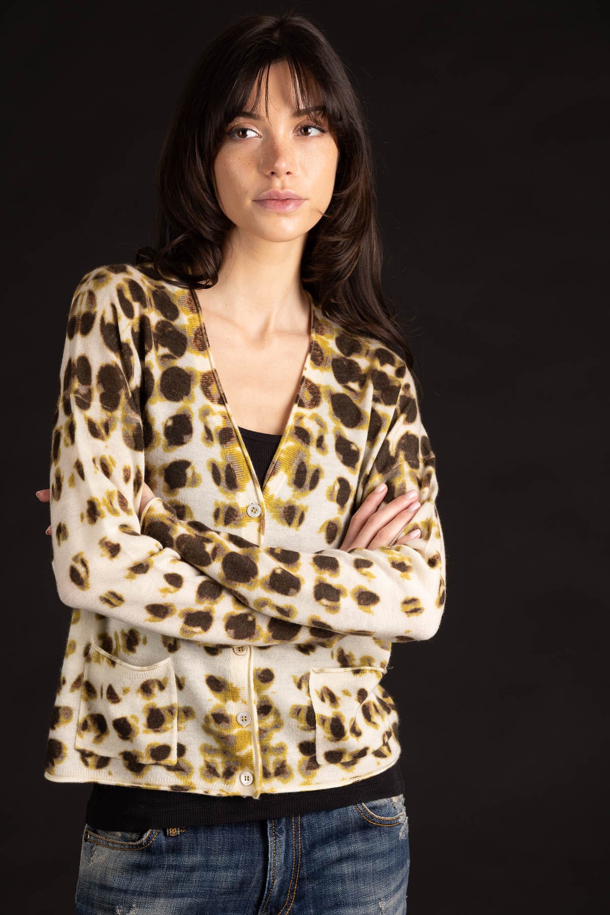 Dotted V-Neck Cardigan - Mustard Multi