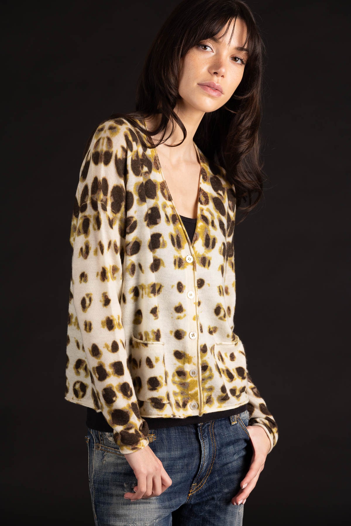 Dotted V-Neck Cardigan - Mustard Multi
