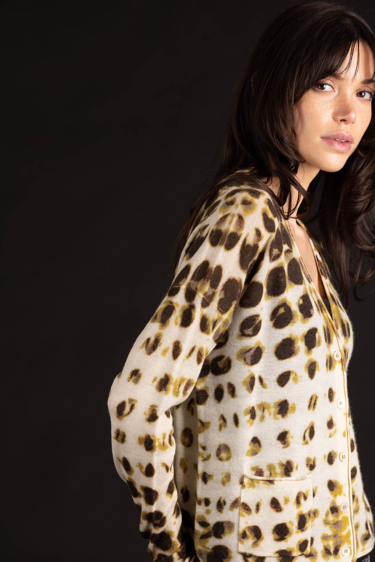 Dotted V-Neck Cardigan - Mustard Multi