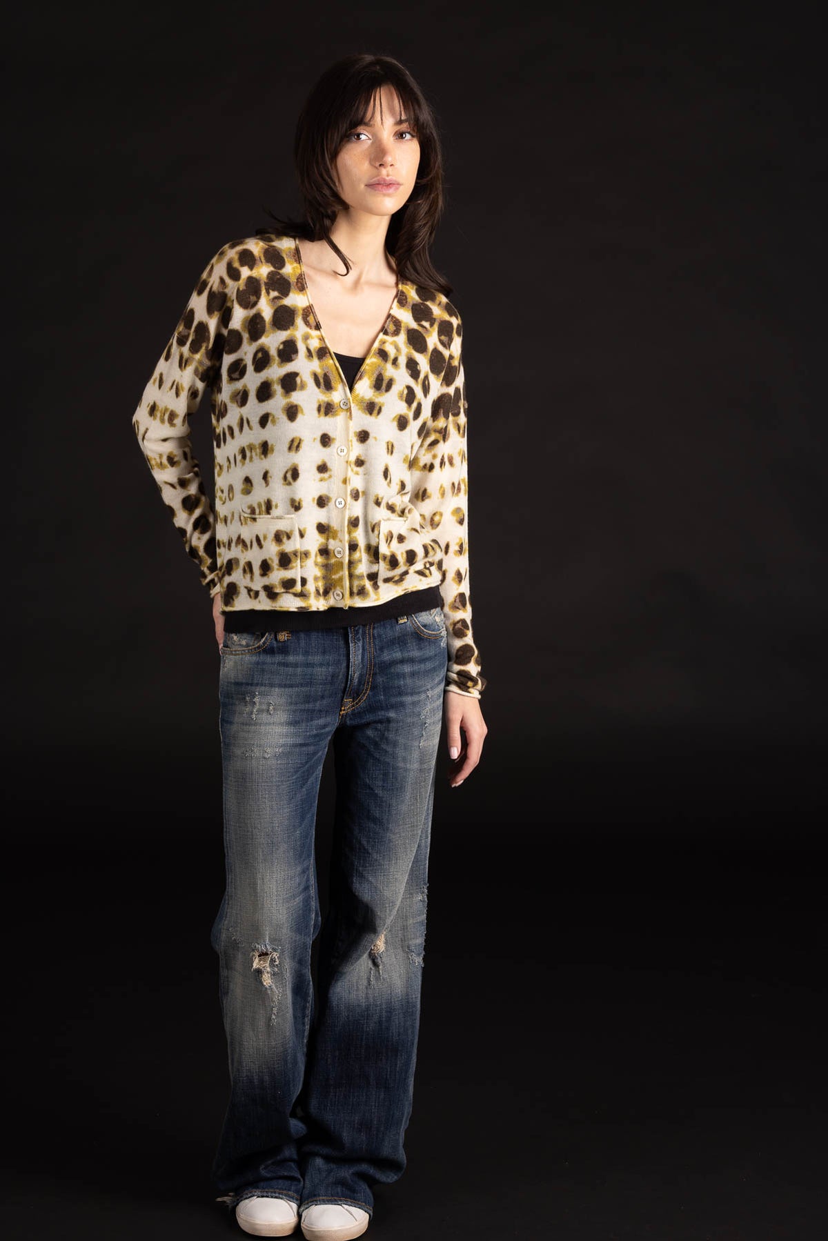 Dotted V-Neck Cardigan - Mustard Multi