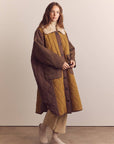 Patch quilted wool blend detachable fur collar coat