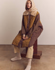 Patch quilted wool blend detachable fur collar coat