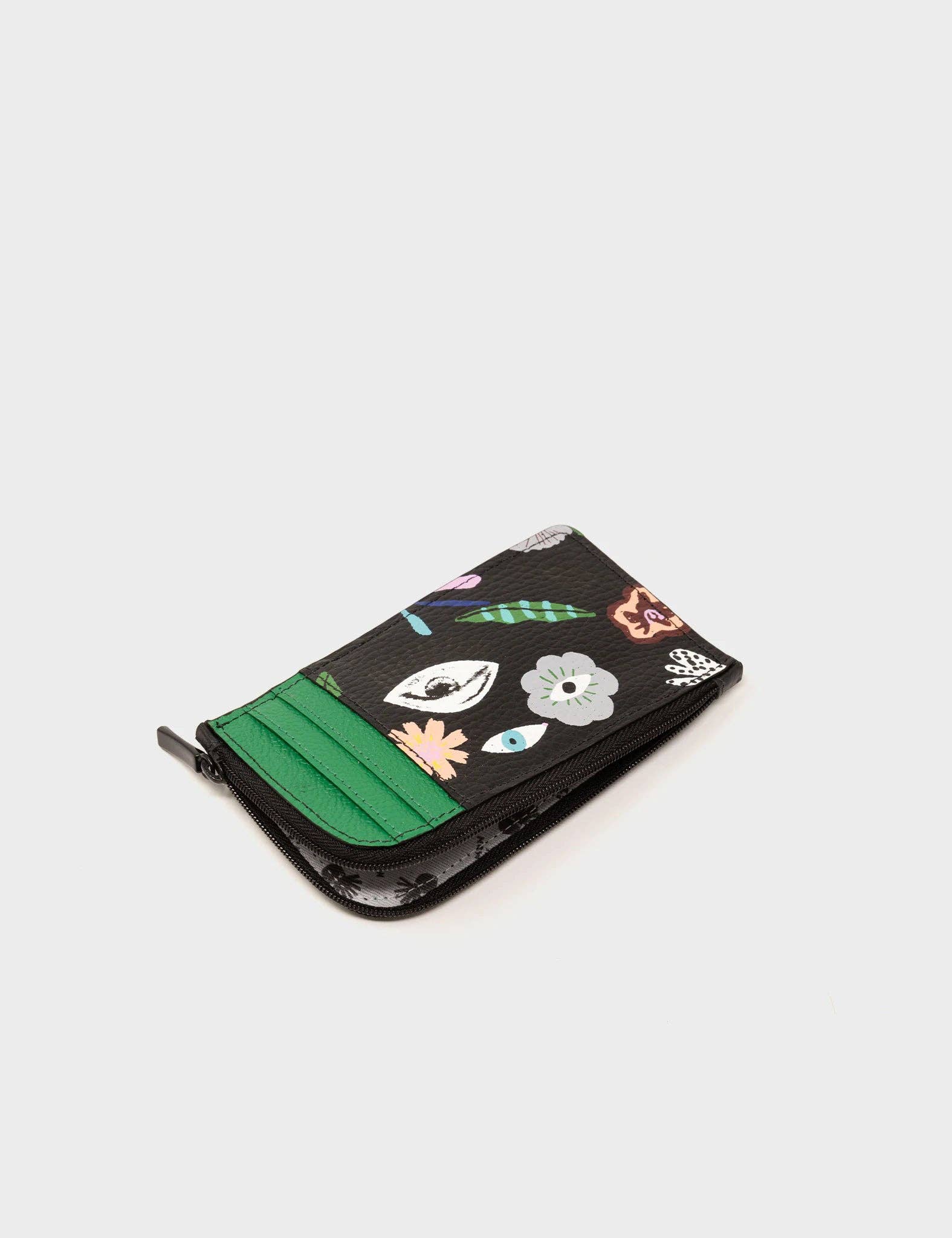Fausto Black Leather Zip-around Cardholder - Floralia Print
