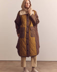 Patch quilted wool blend detachable fur collar coat